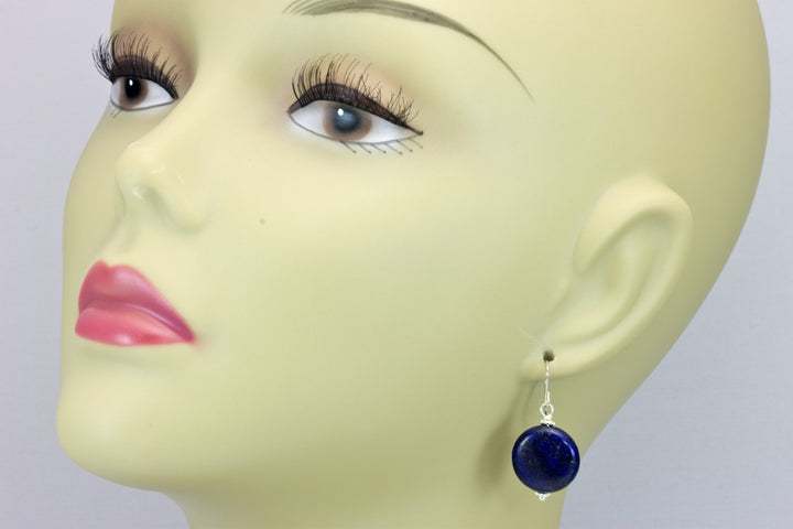 Blue Lapis Lazuli Earrings Button Round Drop Sterling Silver or 14k Solid Gold or Filled Earrings Puffed Buttons Beaded Accent Basic Simple