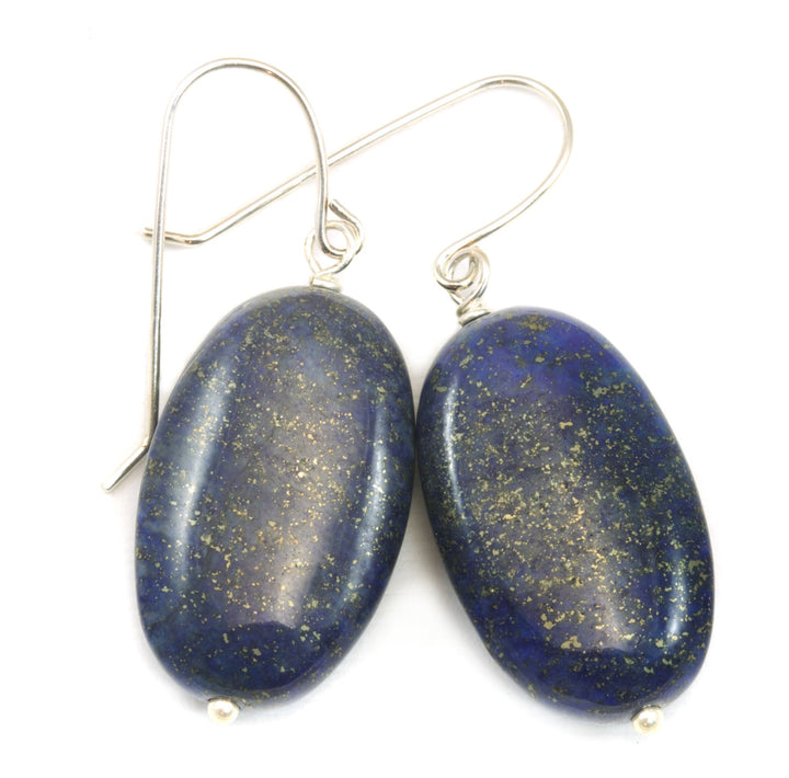 Blue Lapis Lazuli Earrings Natural Large Long Oval Smooth Sterling Silver or 14k Solid Gold or Filled Natural Pyrite Flecks Puffed Drops