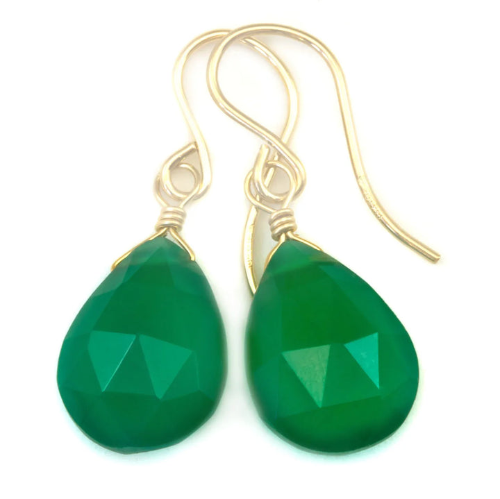 Green Onyx Earrings Faceted Drop Dangle Teardrop Sterling Silver or 14k Solid Gold or Filled Pear Shape Emerald Green Color Simple Classic - Spyglass Designs