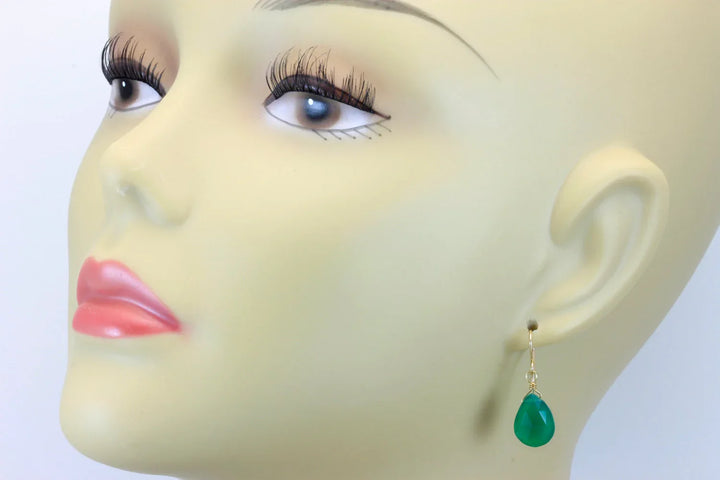 Green Onyx Earrings Faceted Drop Dangle Teardrop Sterling Silver or 14k Solid Gold or Filled Pear Shape Emerald Green Color Simple Classic - Spyglass Designs