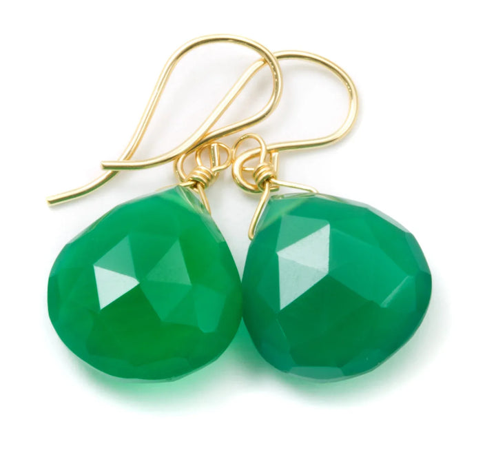 Green Onyx Earrings Faceted Drop Dangle 14k Solid Yellow gold or filled or sterling silver Rich Emerald in Color Heart Shaped Simple Daily - Spyglass Designs