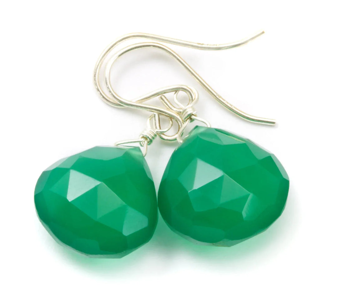 Green Onyx Earrings Faceted Drop Dangle 14k Solid Yellow gold or filled or sterling silver Rich Emerald in Color Heart Shaped Simple Daily - Spyglass Designs