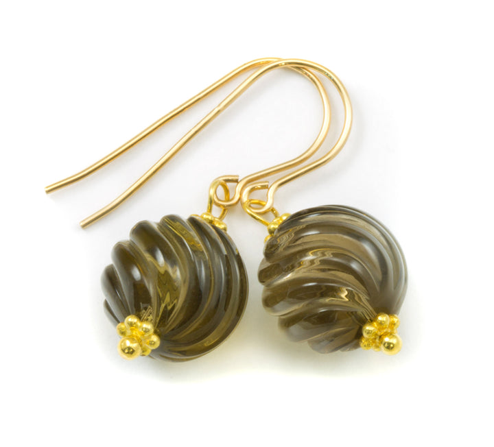 Smoky Quartz Earrings Smokey Dangle Round Sterling Silver or 14k Solid Gold or Filled Fancy Carved Swirl Smooth Design Simple Classic Drops