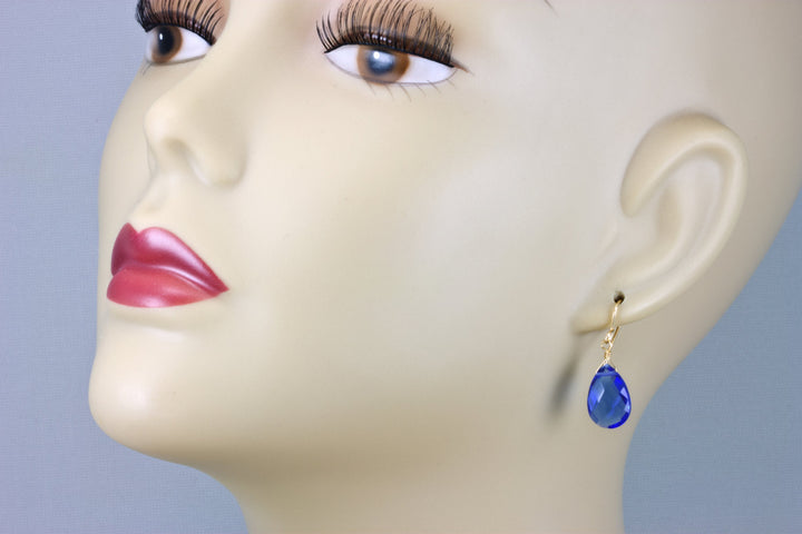 Sapphire Blue Earrings Faceted Simulated Pear Teardrop Drop Sterling Silver or 14k Solid Gold or Filled Simple Briolette Drops Simple Dainty