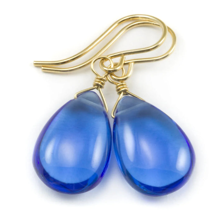 Sapphire Blue Earrings Teardrop Smooth Cut Simulated Pear 14k Solid Gold or Filled or Sterling Silver Simple Dainty Rich color hand wired - Spyglass Designs