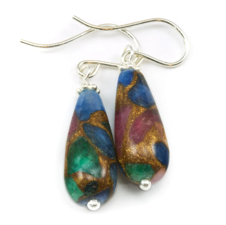 Mosaic Quartz Earrings Smooth Large Teardrop Dangle 14k solid Gold or Filled or Sterling Silver Blue Green Camel Round Drops Simple Colorful - Spyglass Designs