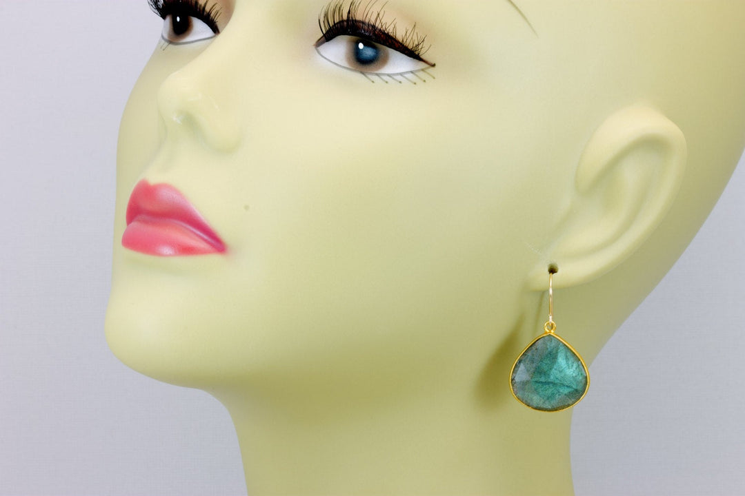 Labradorite Earrings Faceted Fat Large Teardrop Bezel Sterling Silver or 14k Solid Gold or Filled or Black Rhodium Blue Flash Simple  Drops