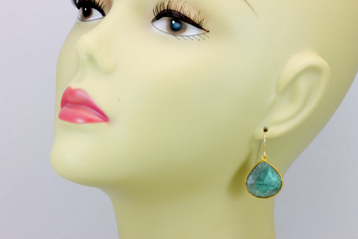 Labradorite Earrings Faceted Fat Large Teardrop Bezel Sterling Silver or 14k Solid Gold or Filled or Black Rhodium Blue Flash Simple  Drops