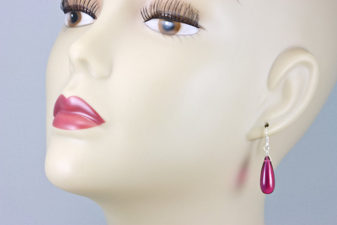 Hot Simulated Sapphire Pink Earrings Smooth Long Teardrop Dangle Sterling Silver or 14k Solid Gold or Filled Fat Round Drops Magenta Fuchsia