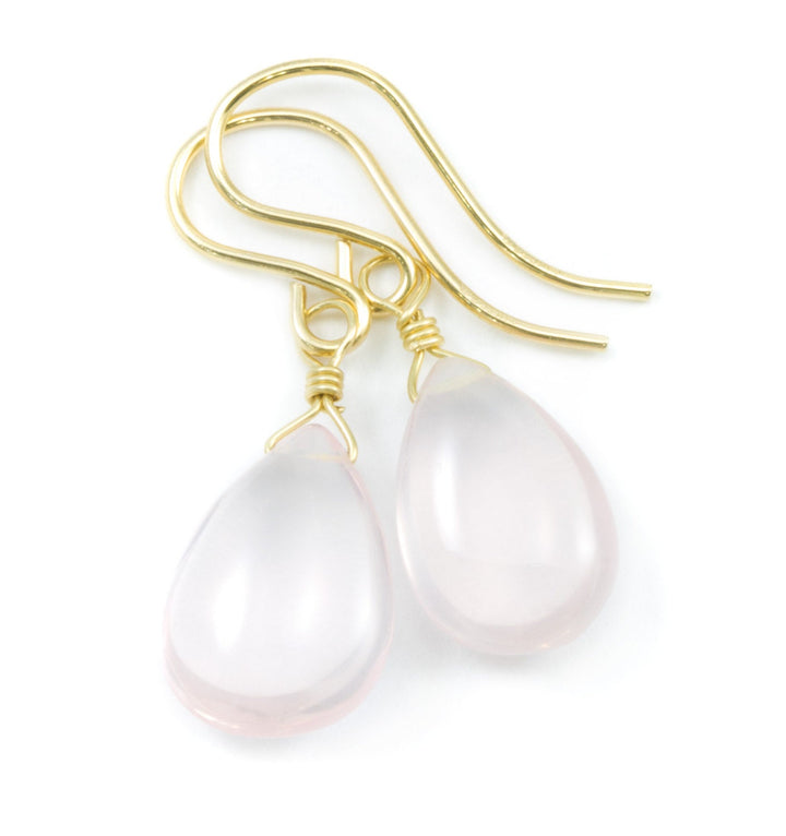 Rose Quartz Earrings Smooth Dangle Pear Teardrop Sterling Silver or 14k Solid Gold or Filled Natural Soft Pink AAA quality Simple Daily
