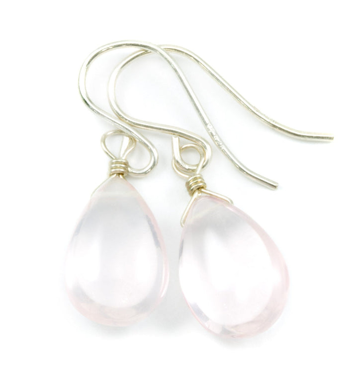 Rose Quartz Earrings Smooth Dangle Pear Teardrop Sterling Silver or 14k Solid Gold or Filled Natural Soft Pink AAA quality Simple Daily