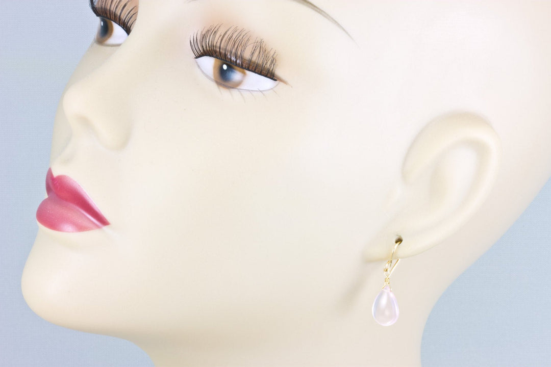 Rose Quartz Earrings Smooth Dangle Pear Teardrop Sterling Silver or 14k Solid Gold or Filled Natural Soft Pink AAA quality Simple Daily