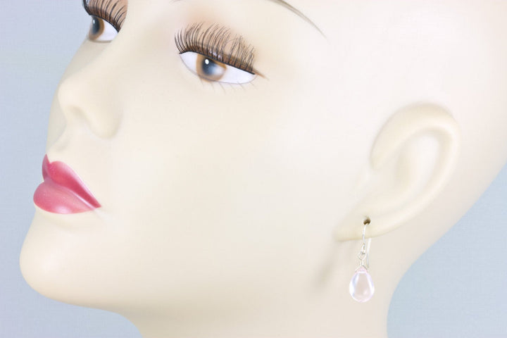 Rose Quartz Earrings Smooth Dangle Pear Teardrop Sterling Silver or 14k Solid Gold or Filled Natural Soft Pink AAA quality Simple Daily