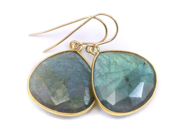 Labradorite Earrings Faceted Fat Large Teardrop Bezel Sterling Silver or 14k Solid Gold or Filled or Black Rhodium Blue Flash Simple  Drops