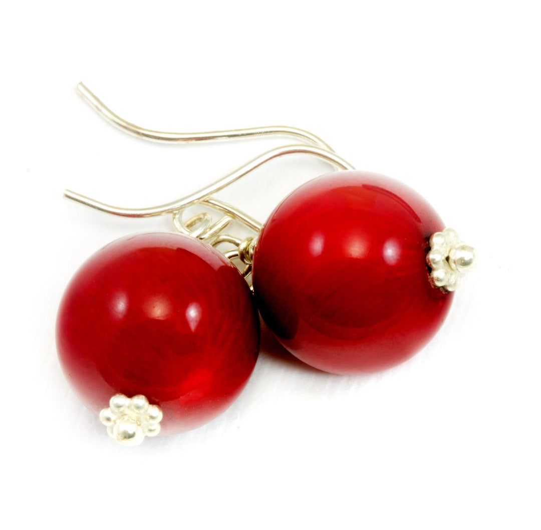 Red Coral Earrings Round Smooth Drops 14k Gold Filled or Sterling Silver Basic round drop beaded accents simple dainty daily wear design