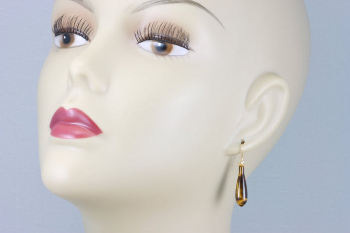 Tiger's Eye Earrings Smooth Long Teardrop dangle drops Sterling Silver or 14k Solid Gold or Filled Natural Tiger eye Round Beaded Accents