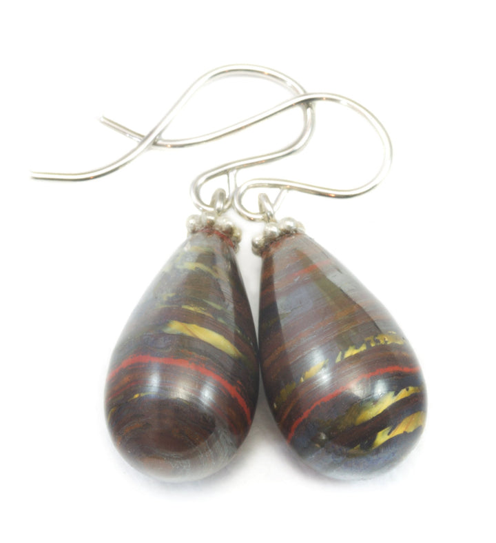 Tiger's Iron Eye Earrings Red Jasper Smooth Fat Simple Teardrop dangle Sterling Silver or 14k Solid Gold or Filled Real Natural Simple Drops