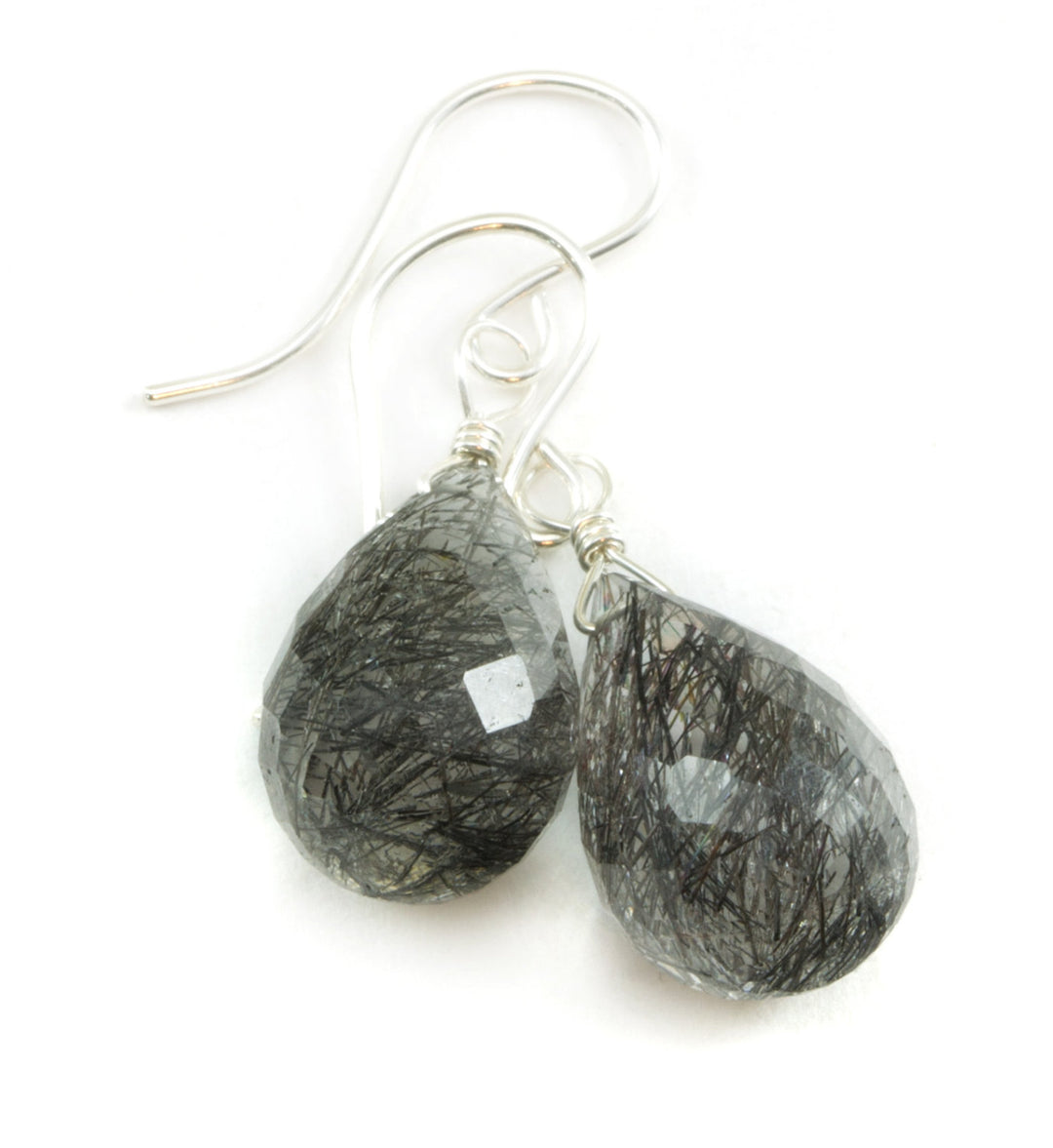 Black Tourmalated Rutile Quartz Earrings 14k Solid Yellow Gold or Filled or Sterling Silver Faceted Dangle Rutilated Fat Briolette Teardrops