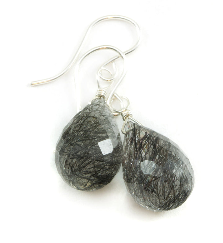 Black Tourmalated Rutile Quartz Earrings 14k Solid Yellow Gold or Filled or Sterling Silver Faceted Dangle Rutilated Fat Briolette Teardrops