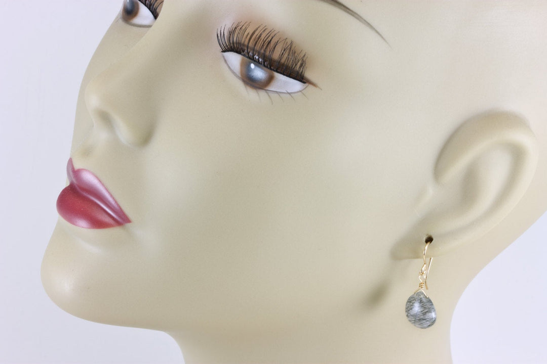 Black Rutile Tourmalated Quartz Earrings 14k Solid Gold or Filled or Sterling Silver Smooth Rutilated Heart Teardrop Rutilation Simple Drops