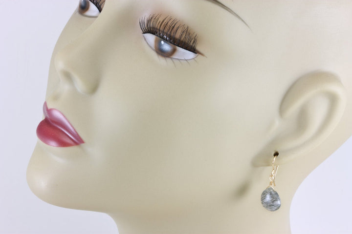 Black Rutile Tourmalated Quartz Earrings 14k Solid Gold or Filled or Sterling Silver Smooth Rutilated Heart Teardrop Rutilation Simple Drops
