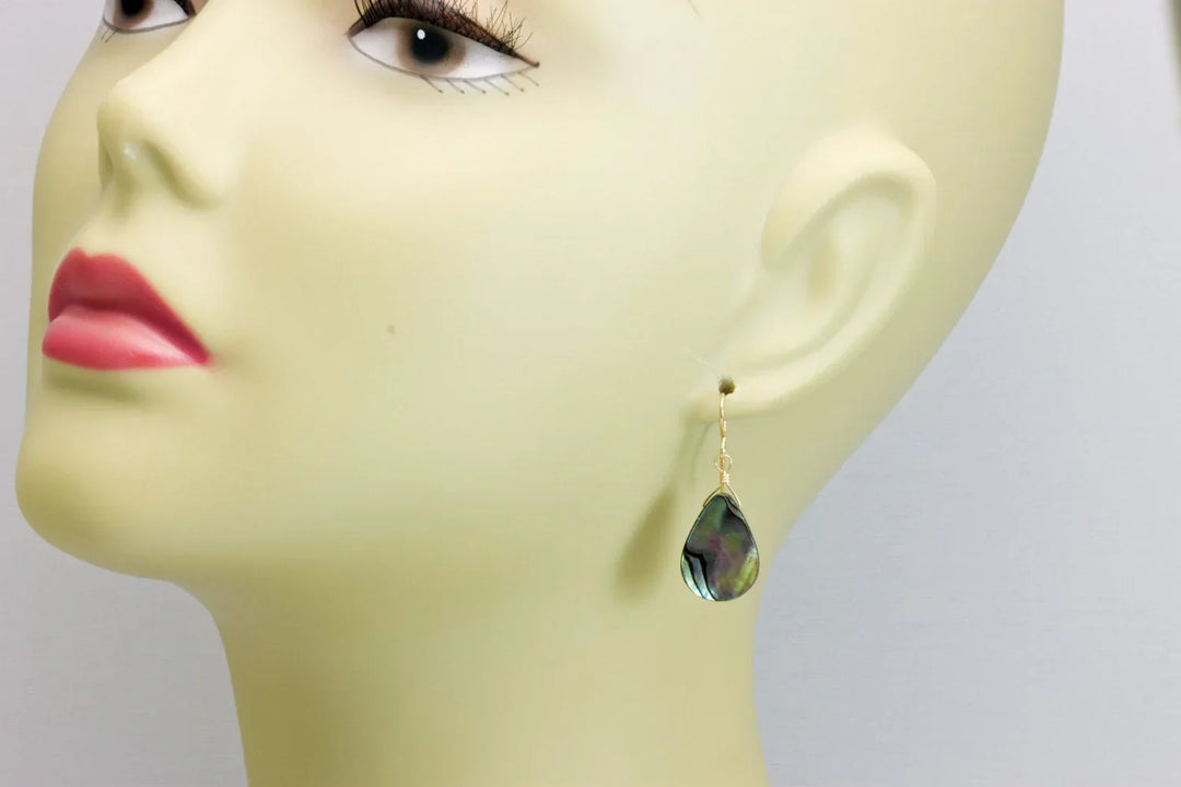Abalone Paua Shell Teardrop Earrings Natural Peacock Colors 14k Solid Gold or Filled or Sterling Silver Iridescent Colors MOP Drops - Spyglass Designs