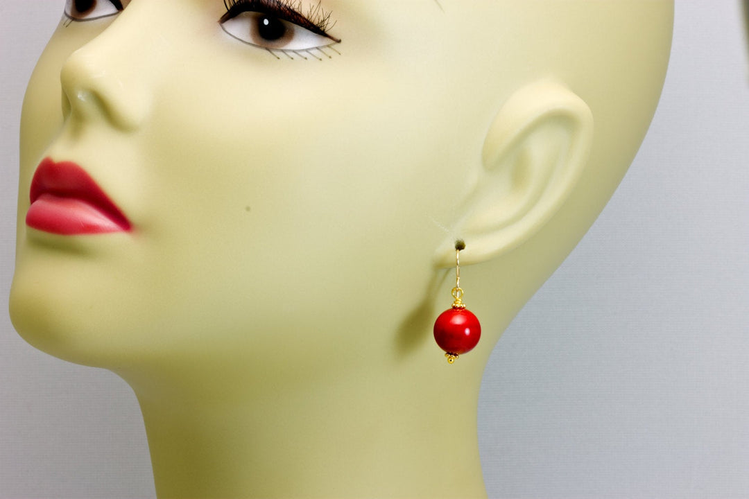 Red Coral Earrings Round Smooth Drops 14k Gold Filled or Sterling Silver Basic round drop beaded accents simple dainty daily wear design