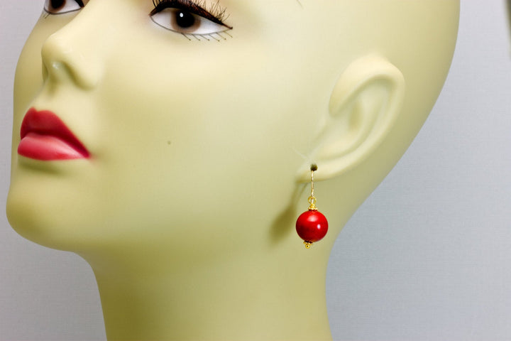 Red Coral Earrings Round Smooth Drops 14k Gold Filled or Sterling Silver Basic round drop beaded accents simple dainty daily wear design