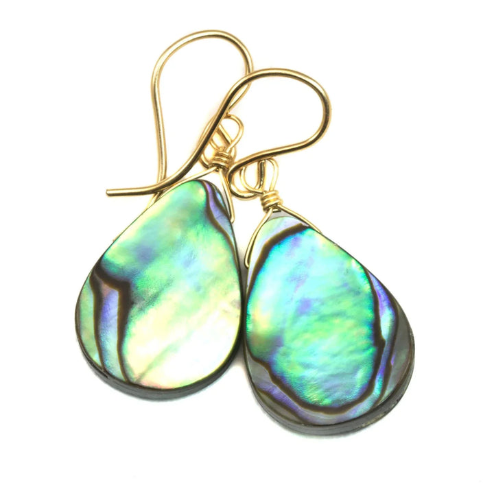 Abalone Paua Shell Teardrop Earrings Natural Peacock Colors 14k Solid Gold or Filled or Sterling Silver Iridescent Colors MOP Drops - Spyglass Designs