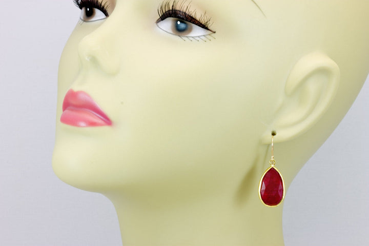 Red Ruby Earrings Teardrop Vermeil Bezel Faceted Setting Dangle 14k Solid Gold or Filled French Earwires Simple Pear Shaped Basic Drops AAA