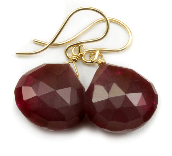 Red Ruby Earrings Heart Shaped Simulated Teardrop Dangle faceted Sterling Silver or 14k Gold Filled Red Quartzite Puffed Shape Simple