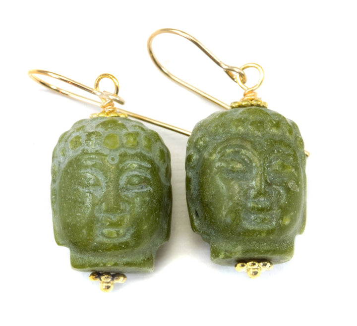 Green Serpentine Buddha Head Earrings Carved Teardrop Dangle Drops Sterling Silver or 14k Solid Gold or Filled Earthy Unique Drops Spyglass