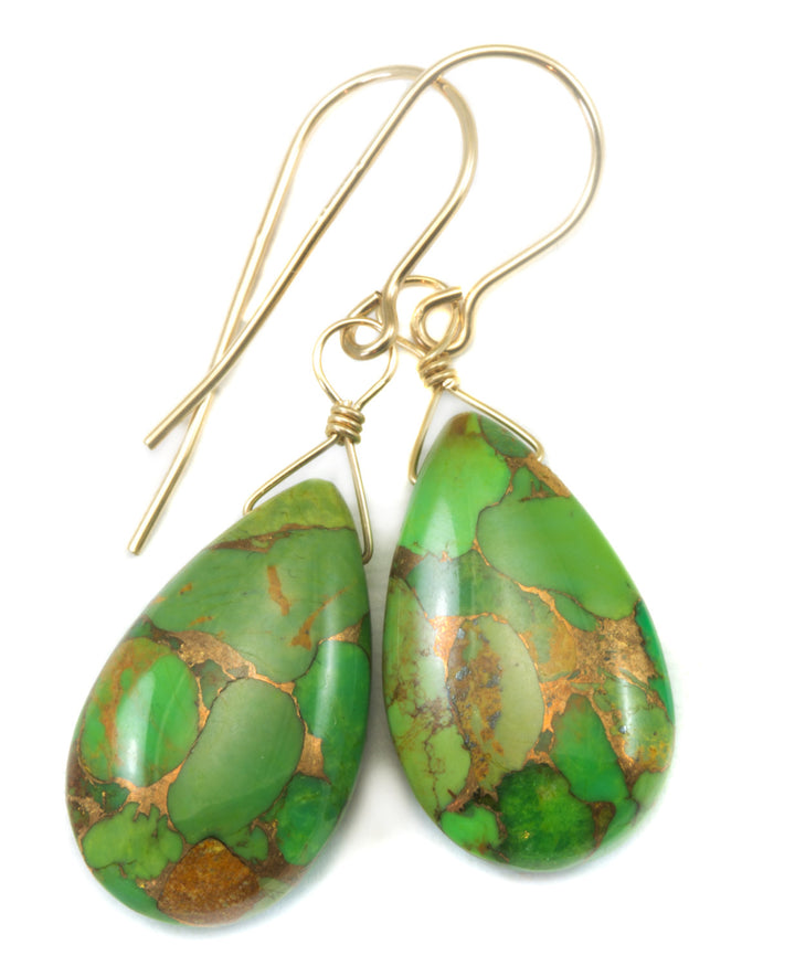 Copper Tuquoise Earrings Green Smooth Large Long Mosaic Unique 14k Solid Yellow Gold or filled or Sterling Silver Rare  Spyglass Designs
