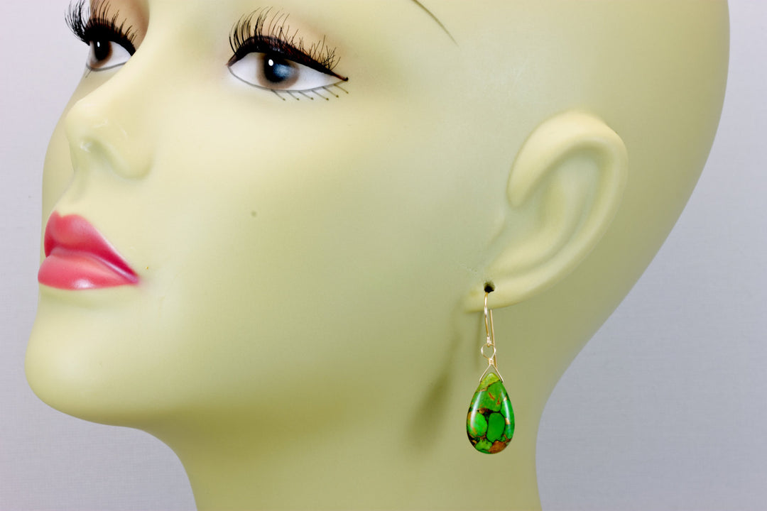 Copper Tuquoise Earrings Green Smooth Large Long Mosaic Unique 14k Solid Yellow Gold or filled or Sterling Silver Rare  Spyglass Designs