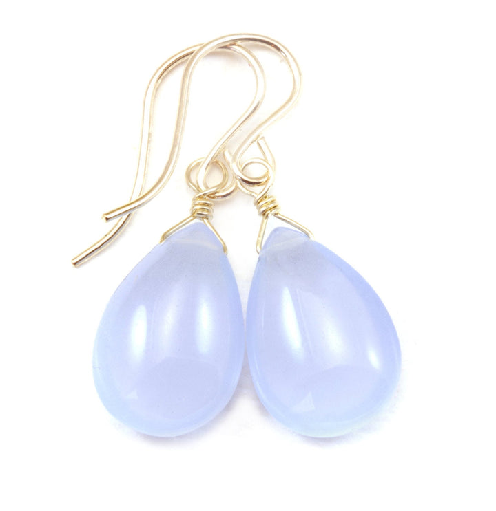 Steel Blue Grey Chalcedony Earrings Smooth Pear Teardrop 14k Solid Gold or Filled or Sterling Silver Soft Pale Gray Blue Natural Dainty Drop