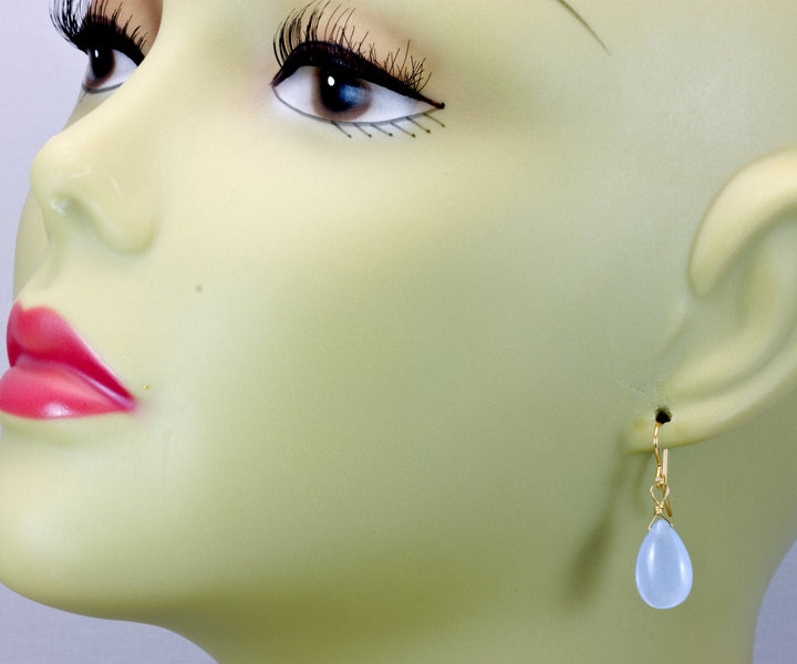 Steel Blue Grey Chalcedony Earrings Smooth Pear Teardrop 14k Solid Gold or Filled or Sterling Silver Soft Pale Gray Blue Natural Dainty Drop