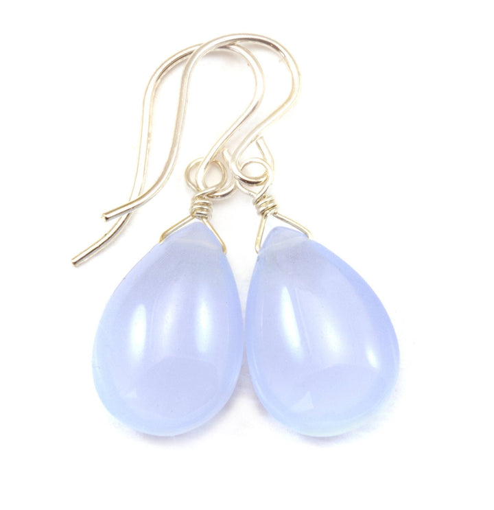 Steel Blue Grey Chalcedony Earrings Smooth Pear Teardrop 14k Solid Gold or Filled or Sterling Silver Soft Pale Gray Blue Natural Dainty Drop