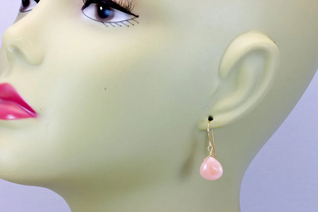 Pink Opal Earrings Smooth Heart Shaped Teardrops 14k Solid Gold or Filled or Sterling Silver Peruvian Opals Soft Earthy Pink color simple - Spyglass Designs