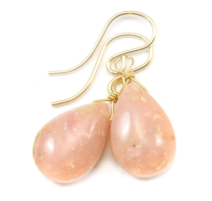Pink Peruvian Opal Earrings Smooth Pear Long Teardrops 14k Solid Gold or Filled or Sterling Silver Raw Soft Pink Opals Earthy color Simple - Spyglass Designs