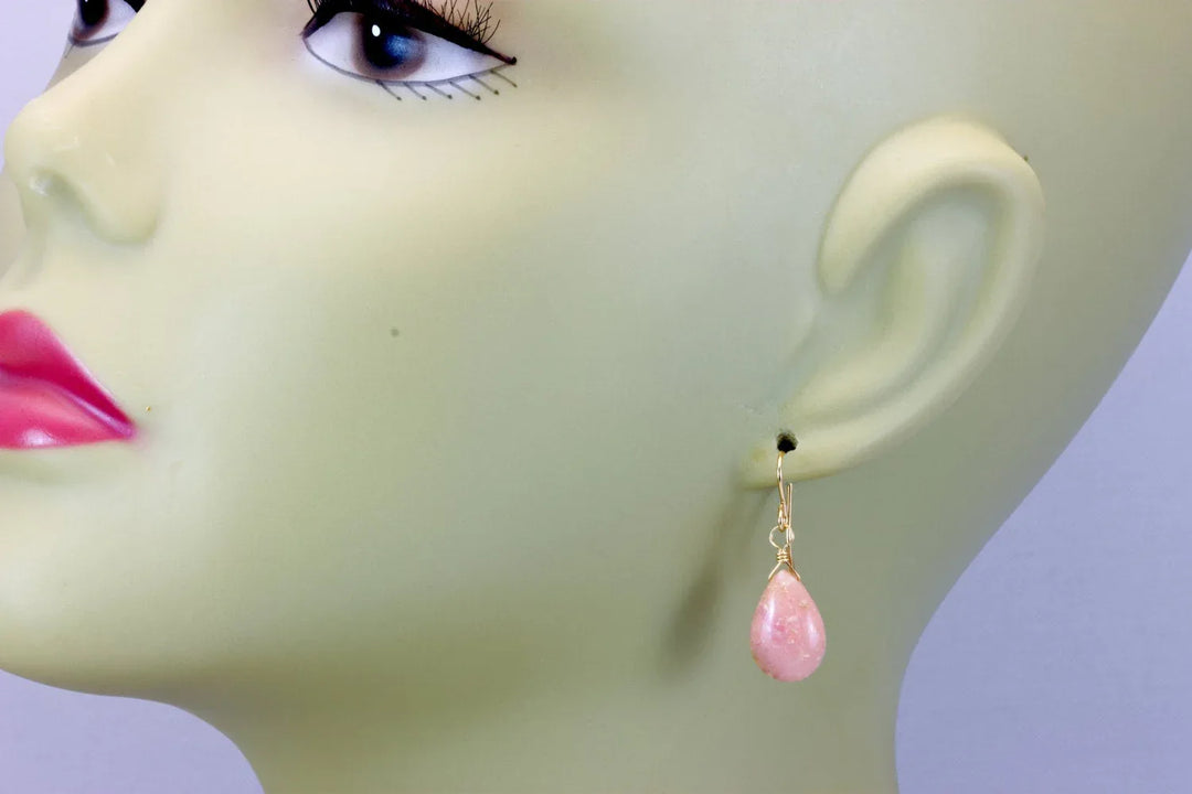 Pink Peruvian Opal Earrings Smooth Pear Long Teardrops 14k Solid Gold or Filled or Sterling Silver Raw Soft Pink Opals Earthy color Simple - Spyglass Designs