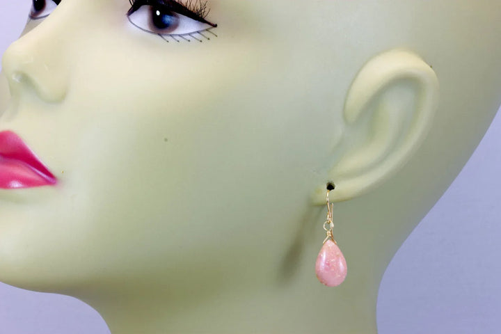 Pink Peruvian Opal Earrings Smooth Pear Long Teardrops 14k Solid Gold or Filled or Sterling Silver Raw Soft Pink Opals Earthy color Simple - Spyglass Designs