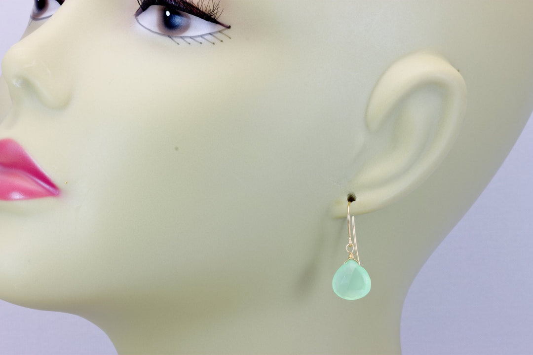 Soft Pale Green Chalcedony Earrings Teardrop Heart Shaped Faceted 14k Solid Gold or Filled or Sterling Silver Simple Dainty Natural Drops