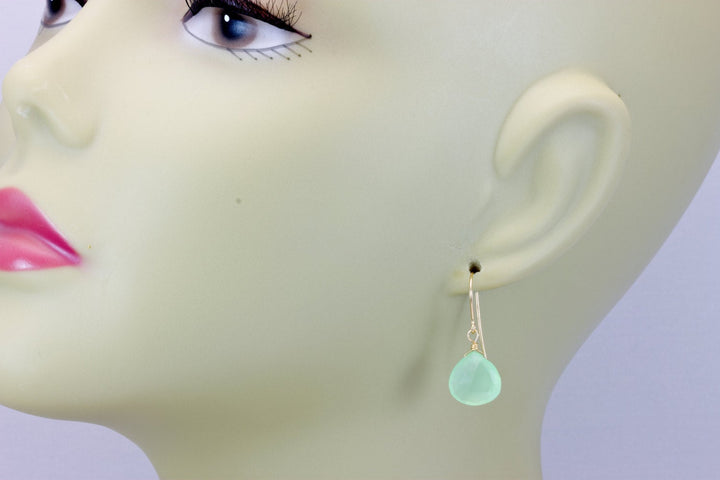 Soft Pale Green Chalcedony Earrings Teardrop Heart Shaped Faceted 14k Solid Gold or Filled or Sterling Silver Simple Dainty Natural Drops