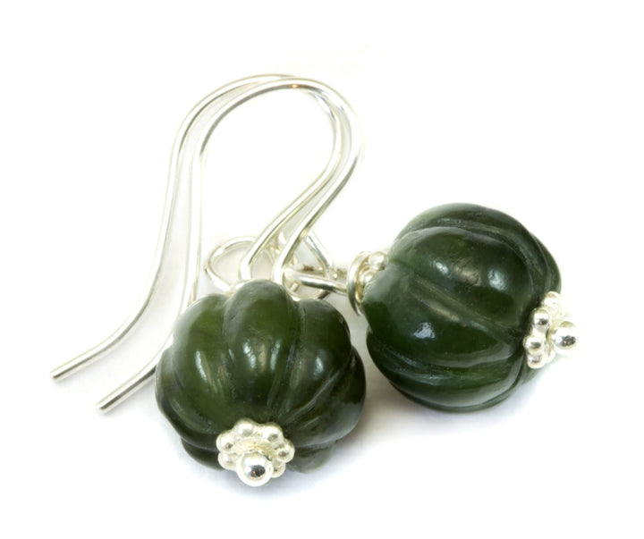 Nephrite Green Jade Earrings Carved Round Pumpkin Shape Smooth Sterling Silver or 14k Solid Gold or Filled Swirl Dainty Simple Lightweight