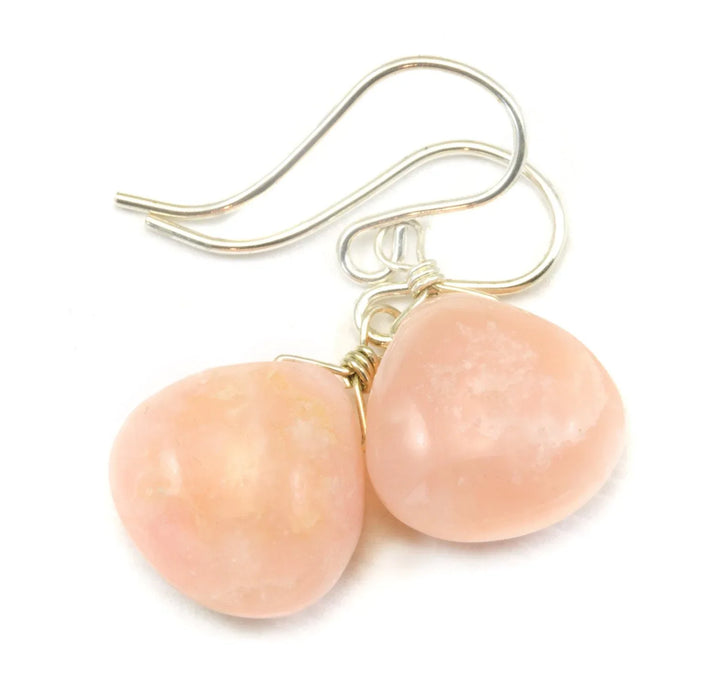 Pink Opal Earrings Smooth Heart Shaped Teardrops 14k Solid Gold or Filled or Sterling Silver Peruvian Opals Soft Earthy Pink color simple - Spyglass Designs