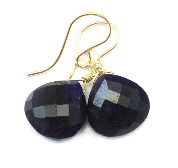 Blue Sapphire Earrings Teardrop Briolettes Sterling Silver or 14k Solid Gold or Filled Dark Blue Heart Shaped Faceted Simple Dainty Drops