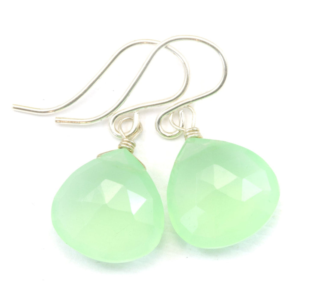 Soft Pale Green Chalcedony Earrings Teardrop Heart Shaped Faceted 14k Solid Gold or Filled or Sterling Silver Simple Dainty Natural Drops