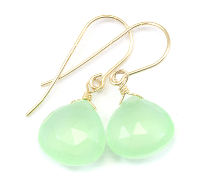 Soft Pale Green Chalcedony Earrings Teardrop Heart Shaped Faceted 14k Solid Gold or Filled or Sterling Silver Simple Dainty Natural Drops