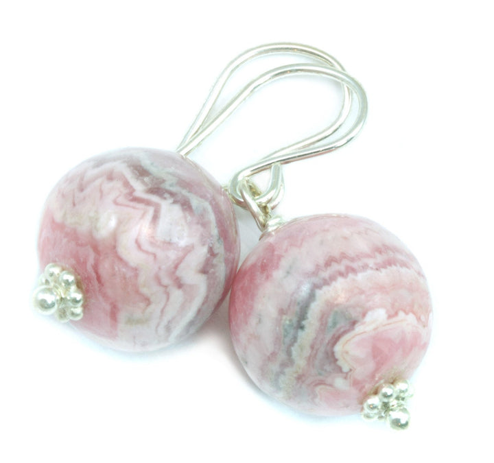 Rhodochrosite Earrings Natural Pink Smooth Round Dangle Drops Sterling Silver or 14k solid Gold or Filled Real Stone Simple Earthy Soft Pink