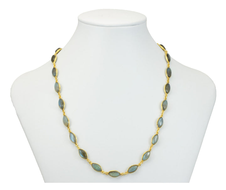 Labradorite Necklace Smooth Bezel Set Marquis Shaped Link Beaded Vermeil 14k Gold Necklace 24 Inch AAA Blue Flash Cut Contemporary Design